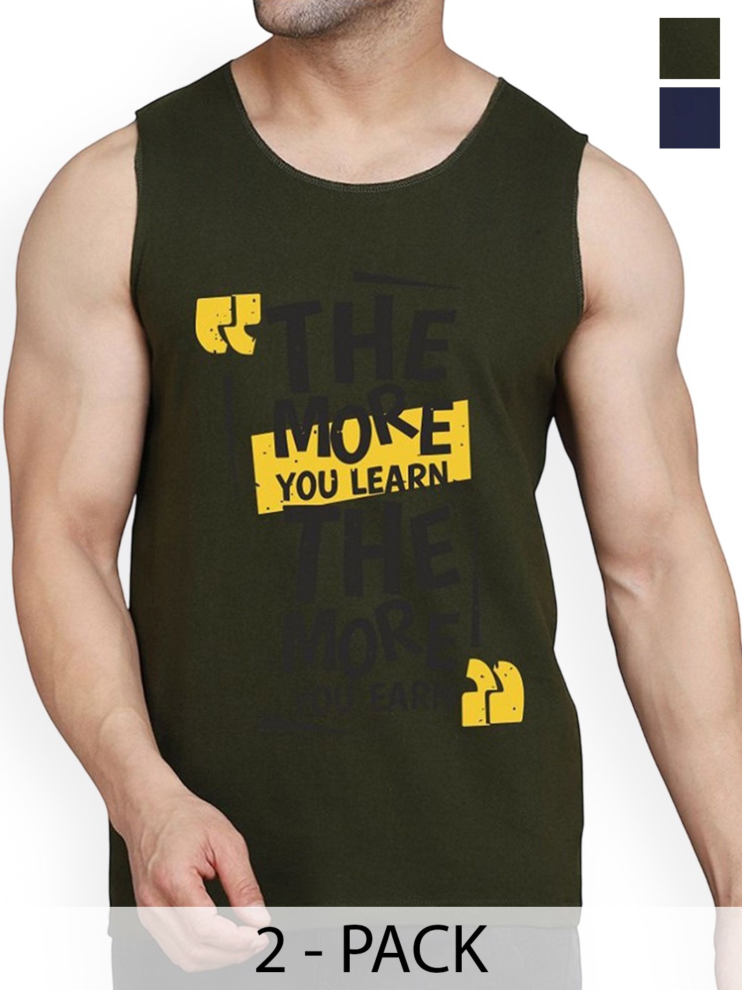 

WOOSTRO Pack Of 2 Printed Combed Cotton Gym Vest RS26 CMB (HARD NAVY) (MORE OLIVE), Navy blue