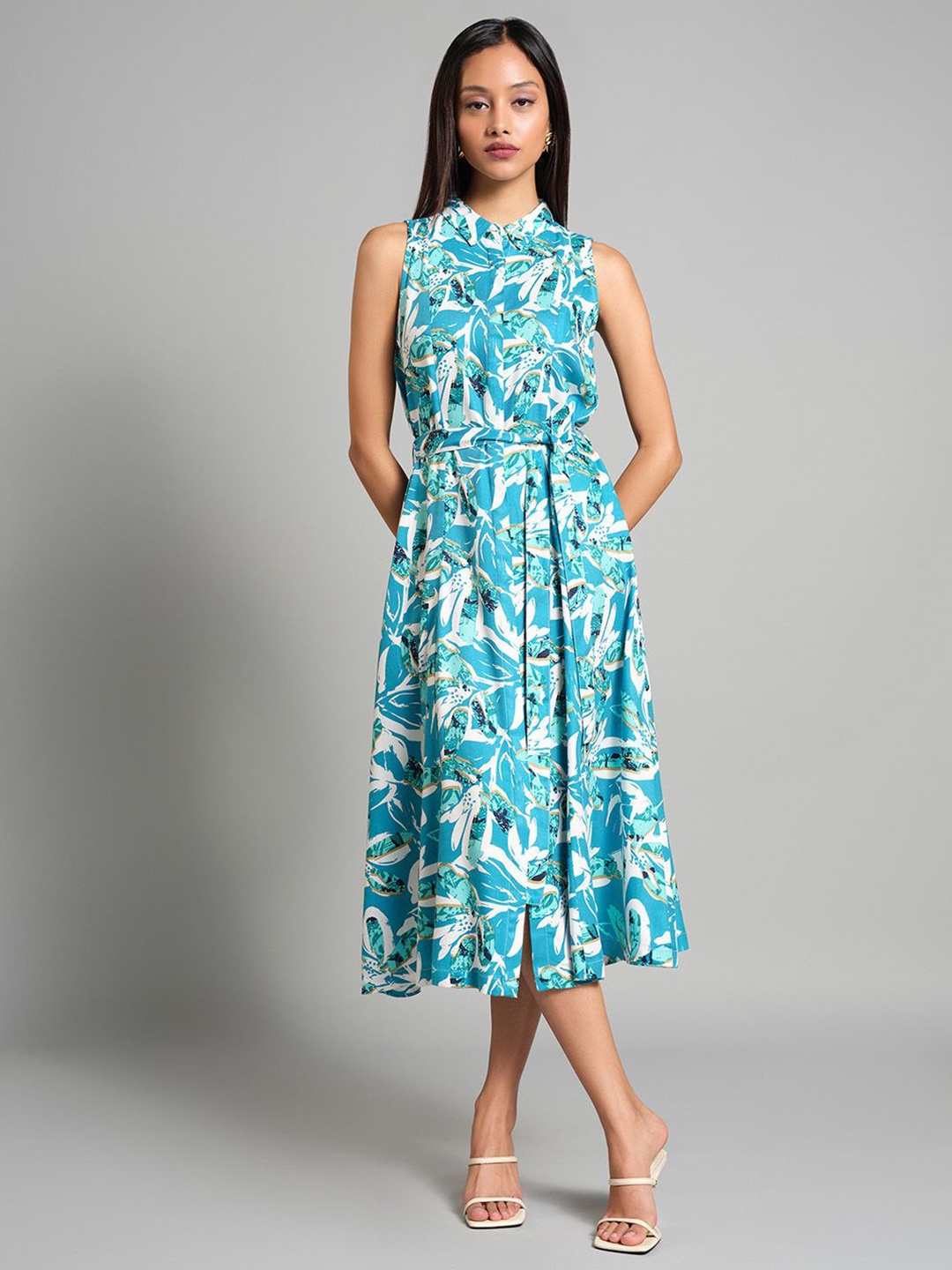 

AND Tropical Print A-Line Dress, Blue