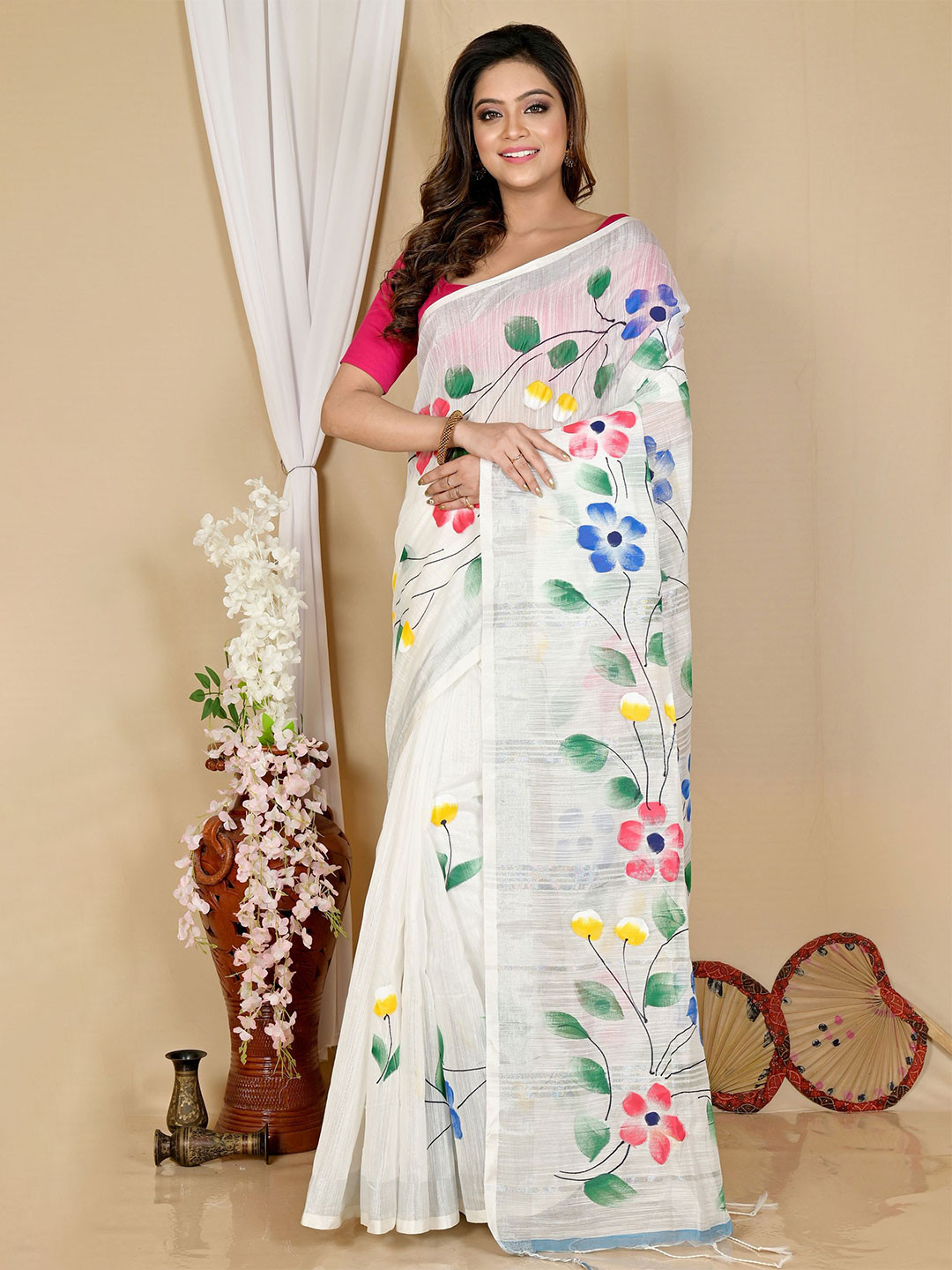 

DipDiya Floral Zari Taant Saree, White