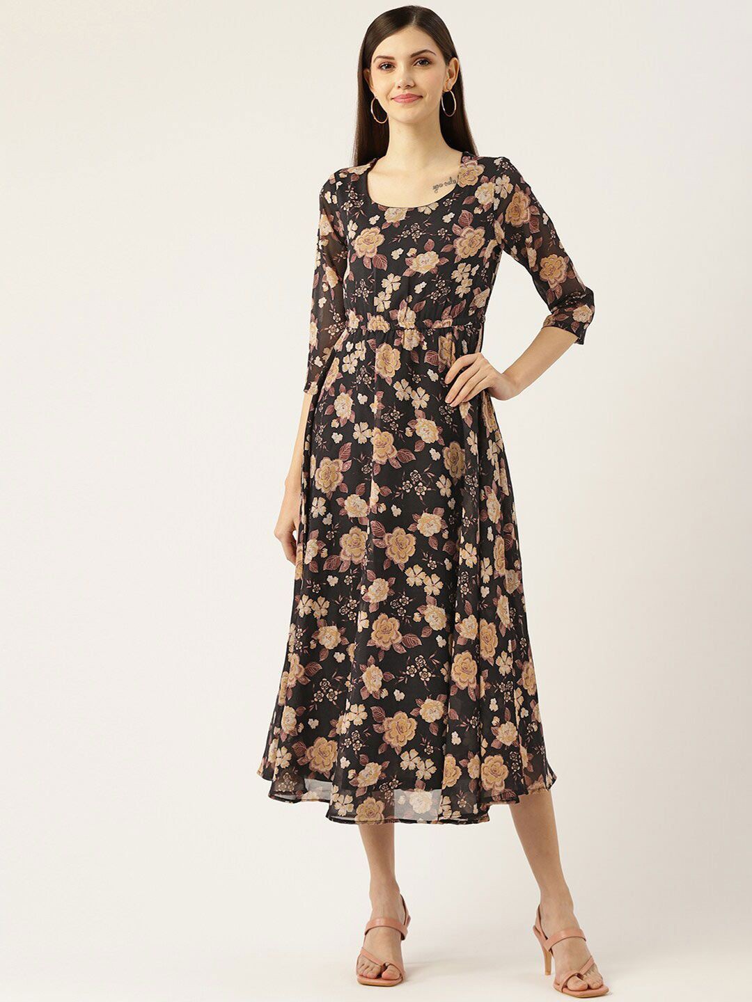 

DressBerry Floral Print Georgette Fit & Flare Dress, Black