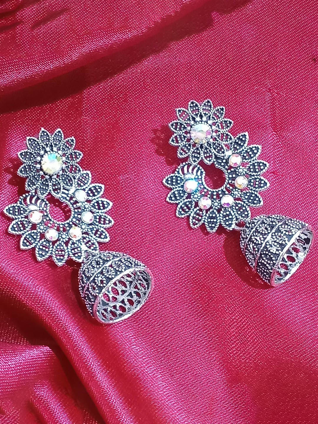 

JMBW INTERNATIONAL Set Of 2 Sterling Silver-Plated Stones Studded Dome Shaped Jhumkas