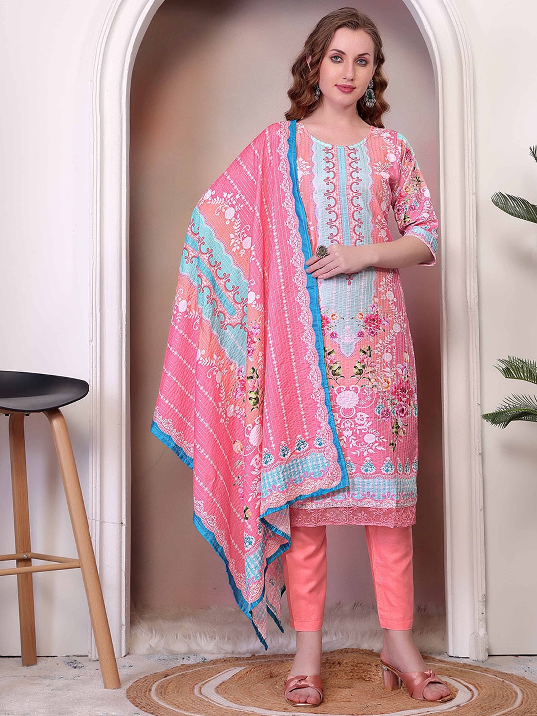 

Ethnic 3 You Floral Printed Round Neck Sequinned Pure Cotton Kurta With Trouser & Dupatta, Pink