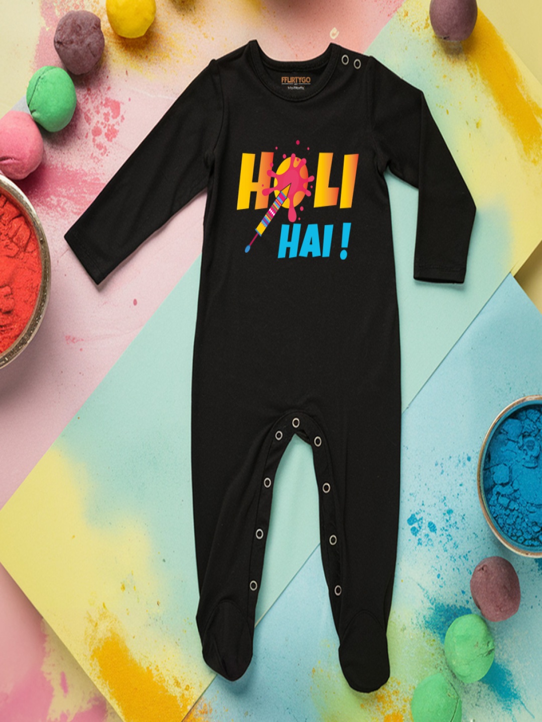 

FFLIRTYGO Infants Holi Printed Pure Cotton Sleepsuit, Black