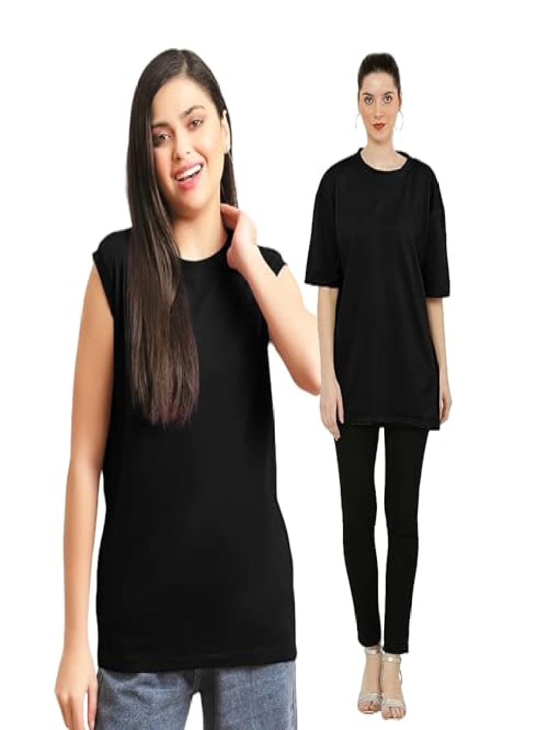 

NOTWILD Women Pack Of 2 Solid Round Neck Cotton T-shirts, Black