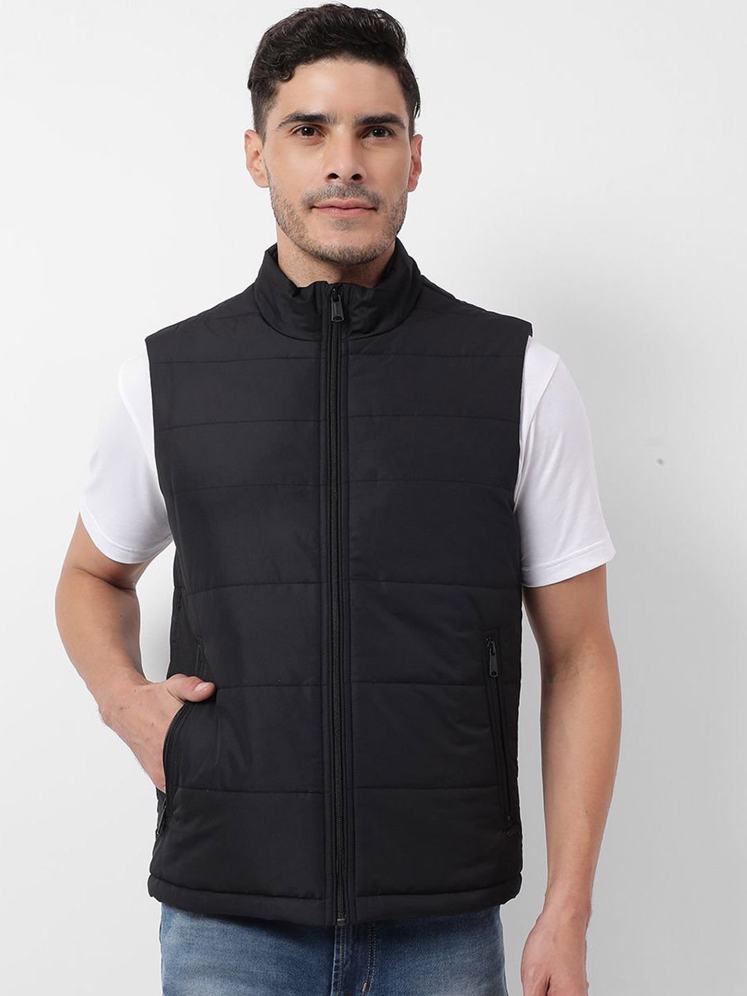 

Numero Uno Men Mock Collar Solid Casual Gilet Jacket, Black