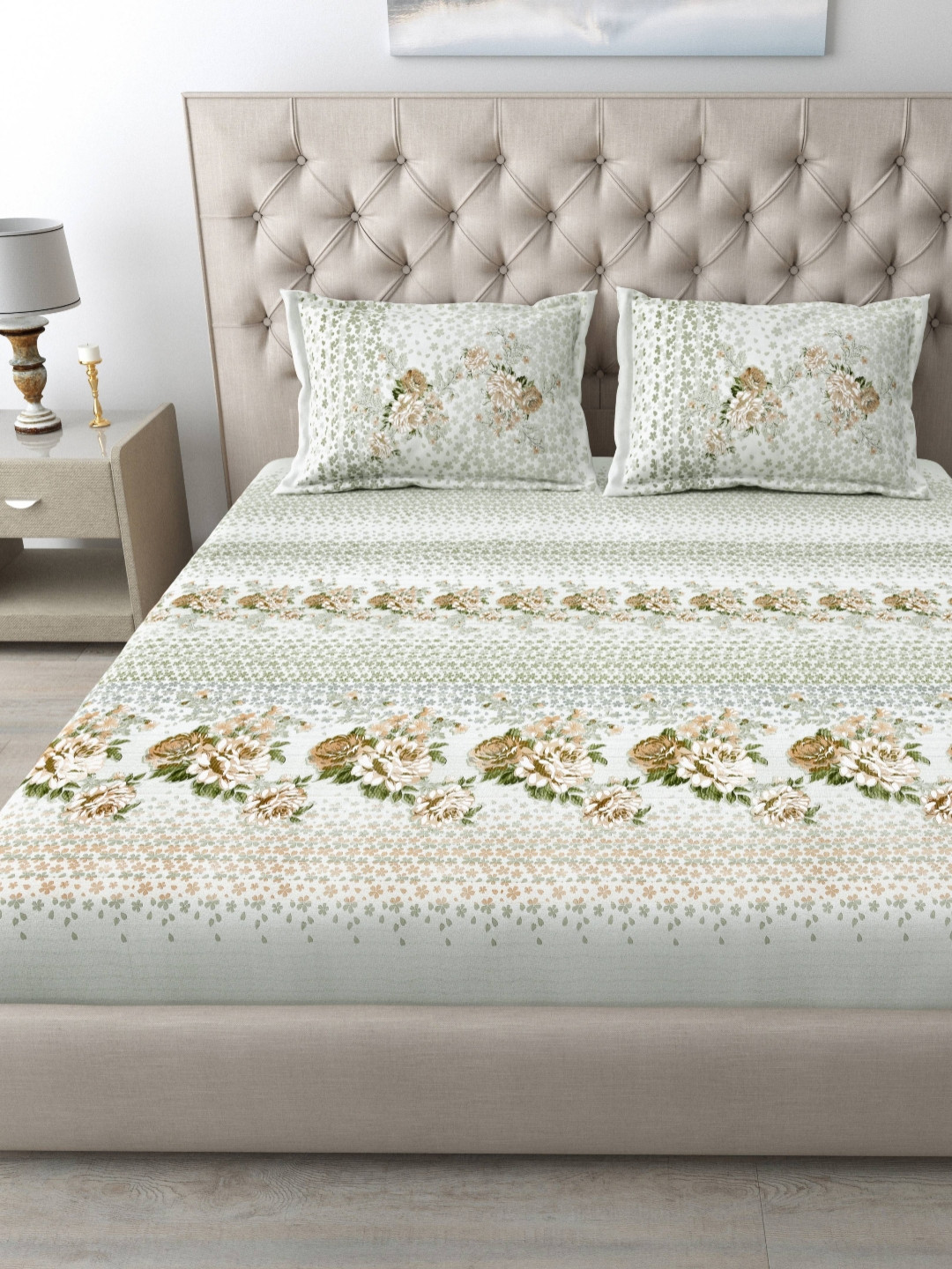 

MAFATLAL White & Green Floral Printed 186 TC Cotton King Bedsheet Set 2.74 m x 2.74 m