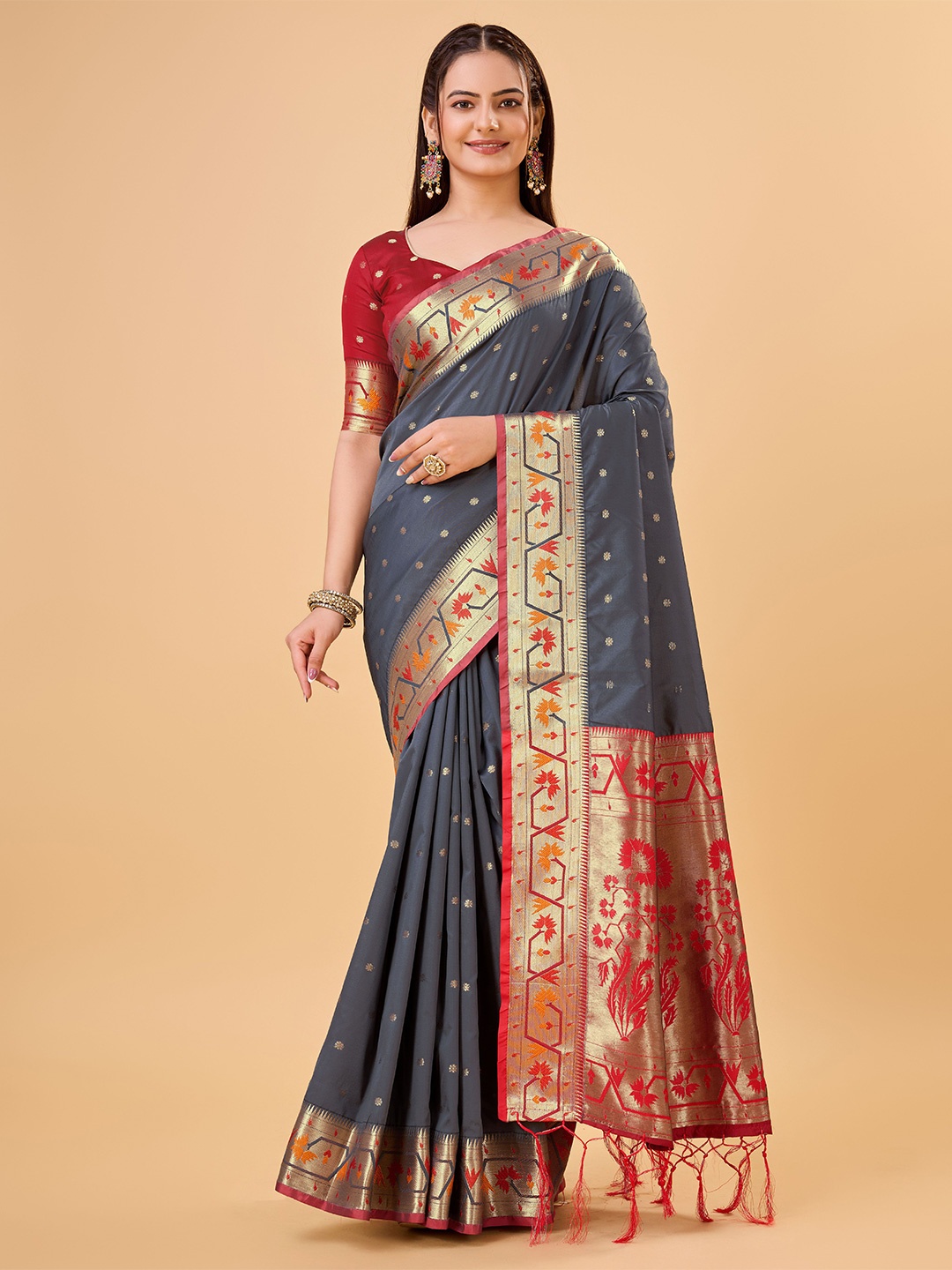 

bansari textiles Woven Design Zari Pure Silk Banarasi Saree, Grey