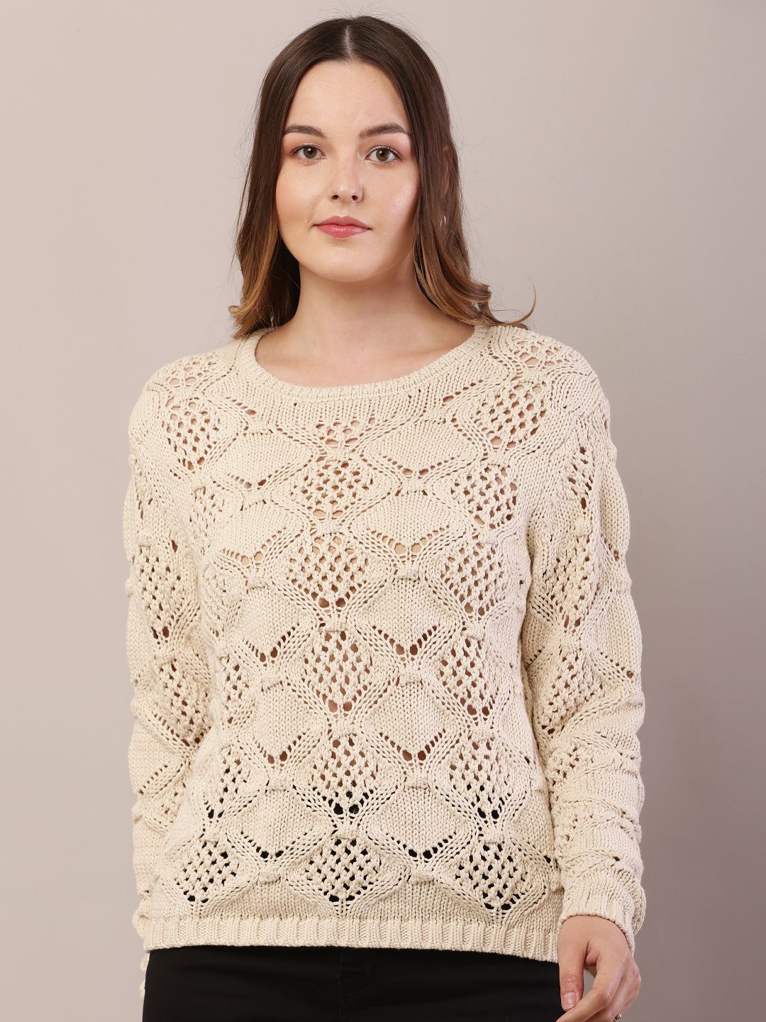 

NoBarr Women Open Knit Cotton Pullover, Cream