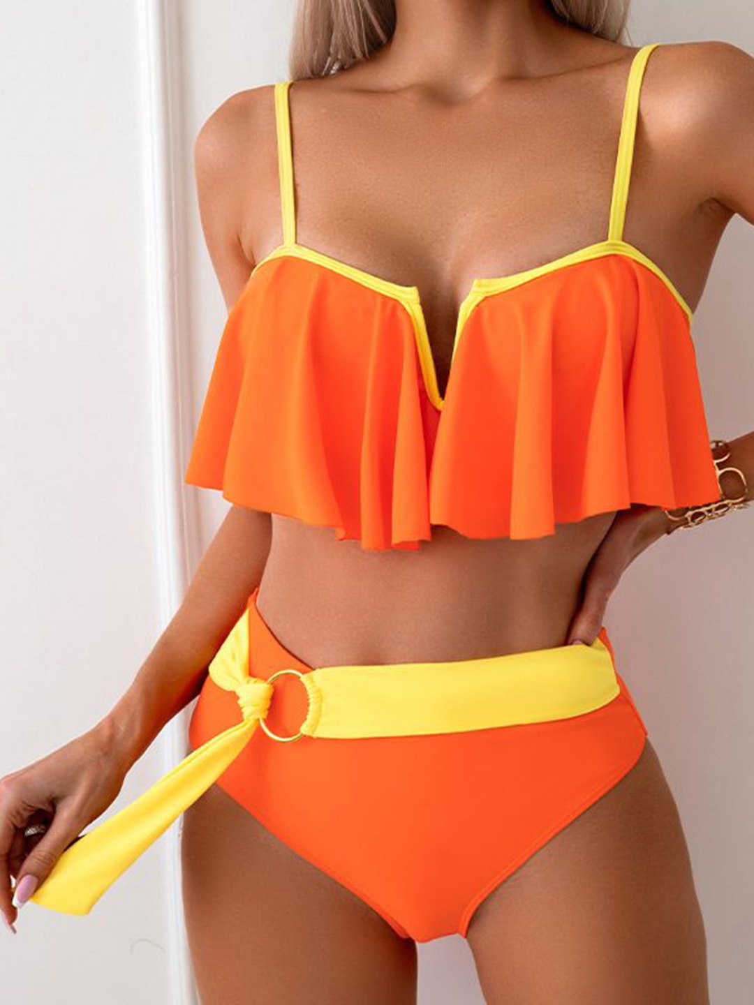 

Plus Curvves Women Shoulder Straps Swim Bikini Set, Orange