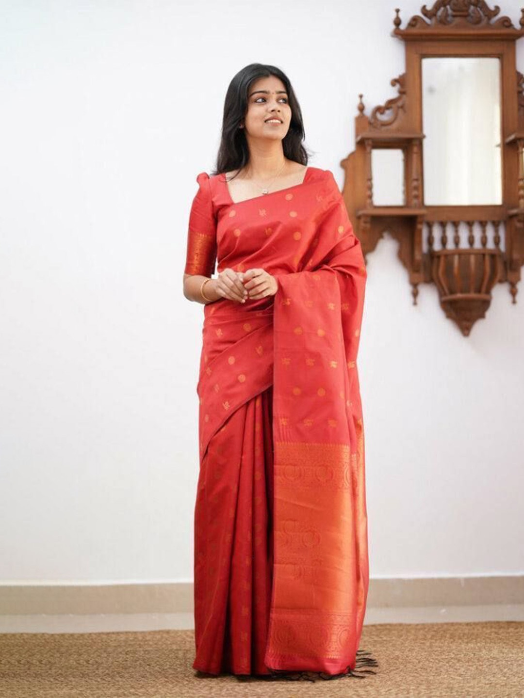 

bansari textiles Woven Design Zari Banarasi Saree, Red