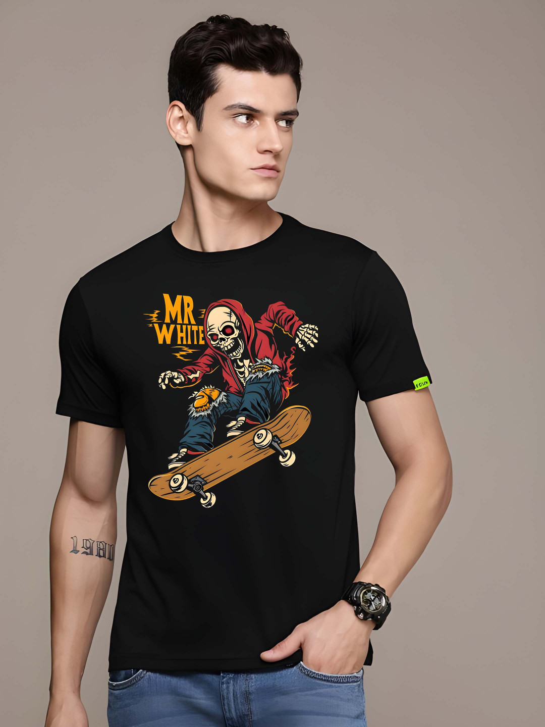 

Krimmple Men Graphic Printed Round Neck Cotton T-shirt, Black