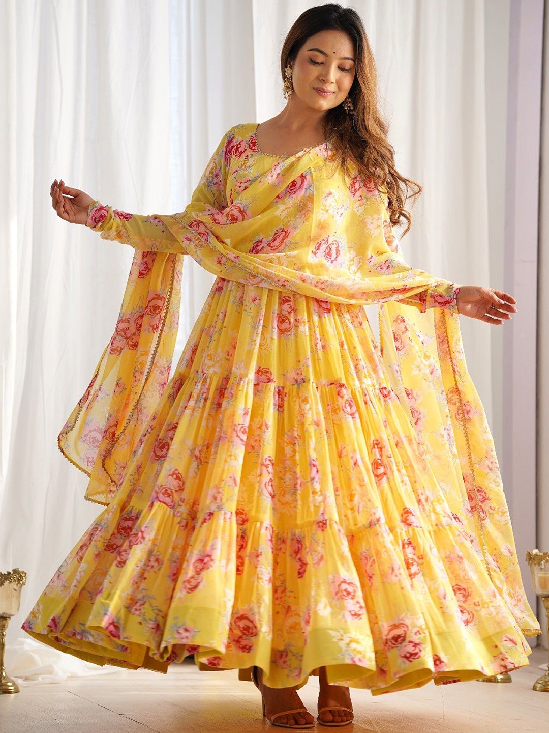 

Yara Creation Floral Printed Tiered Pure Soft Fox Georgette Kurta With Trousers & Dupatta, Yellow