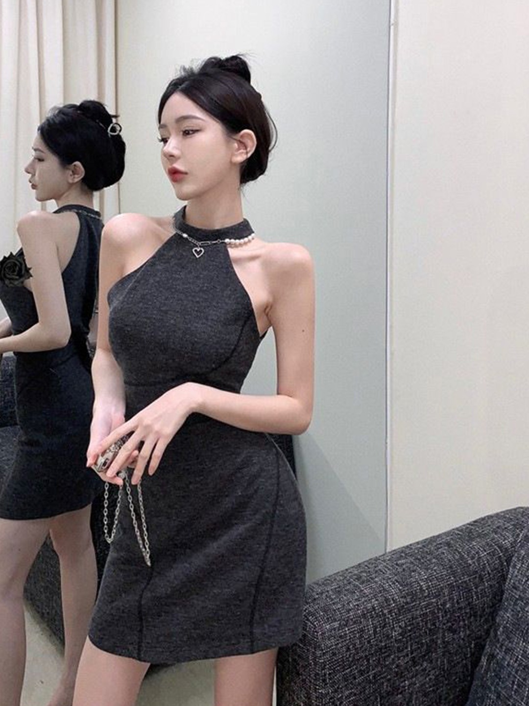 

StyleCast x Revolte Women Halter Neck Applique Bodycon Mini Dress, Grey