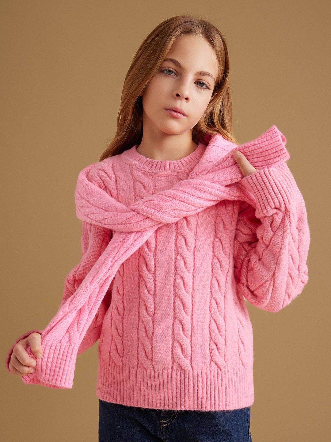 

DeFacto Girls Self Design Cable Knit Pullover, Pink