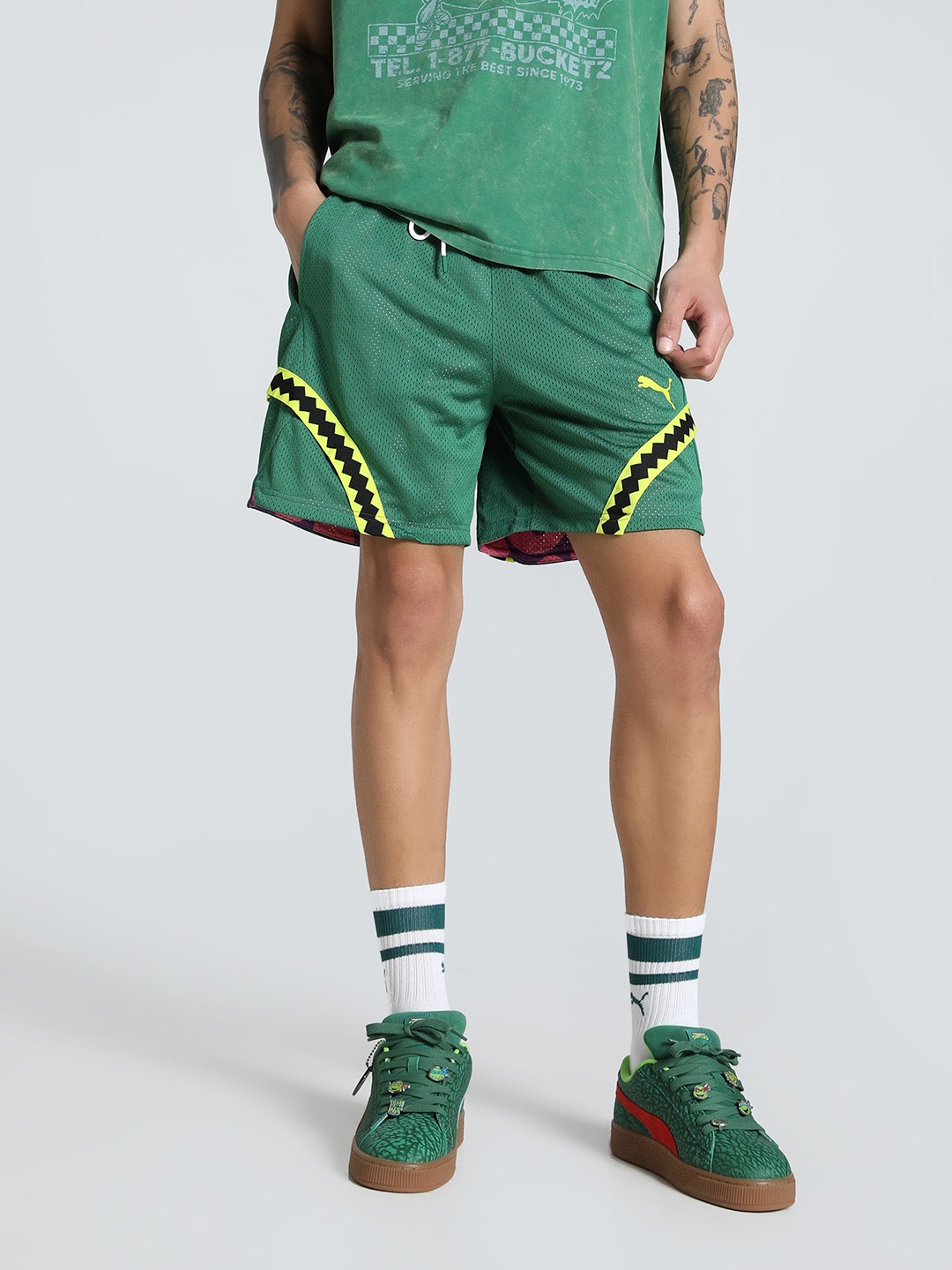 

PUMA Hoops Men Relaxed Fit Printed Shorts, Green