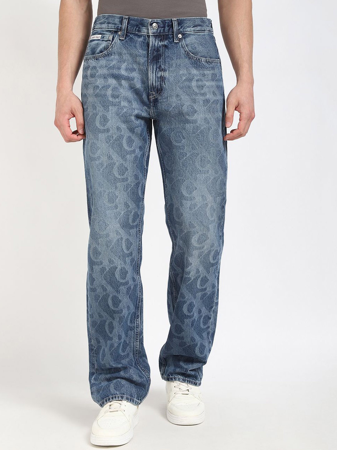 

Calvin Klein Men Straight Fit Mid-Rise Heavy Fade Printed Cotton Jeans, Blue