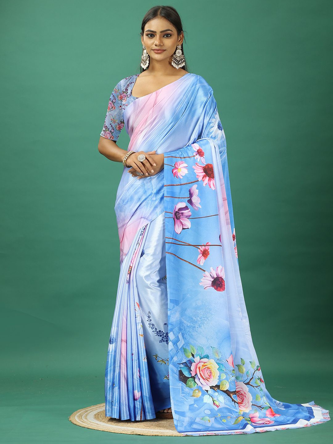 

NIRMAL CREATION Women Floral Printed Pure Crepe Saree, Blue