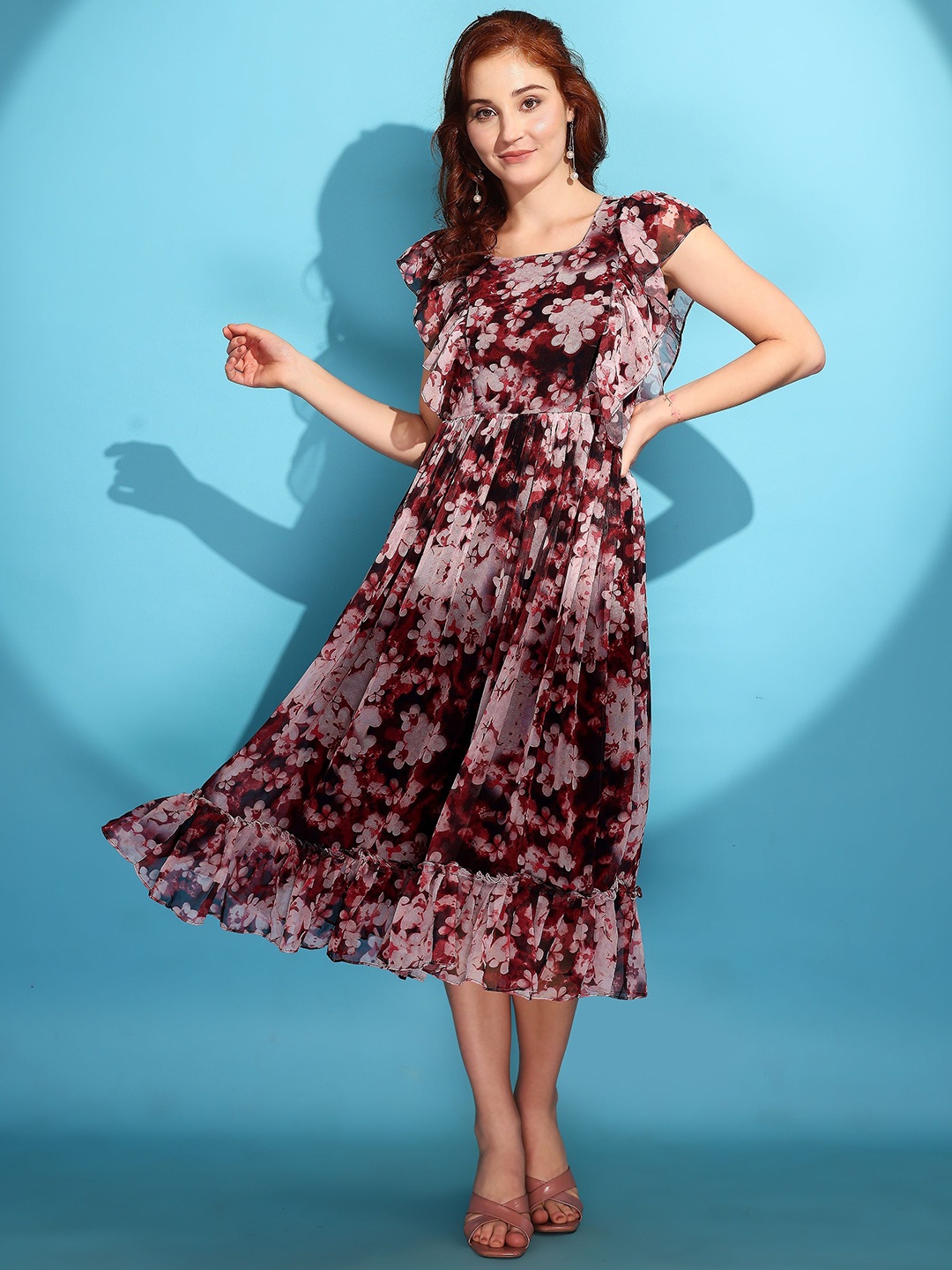 

Fashion2wear Women Floral Printed A-Line Midi Dress, Maroon