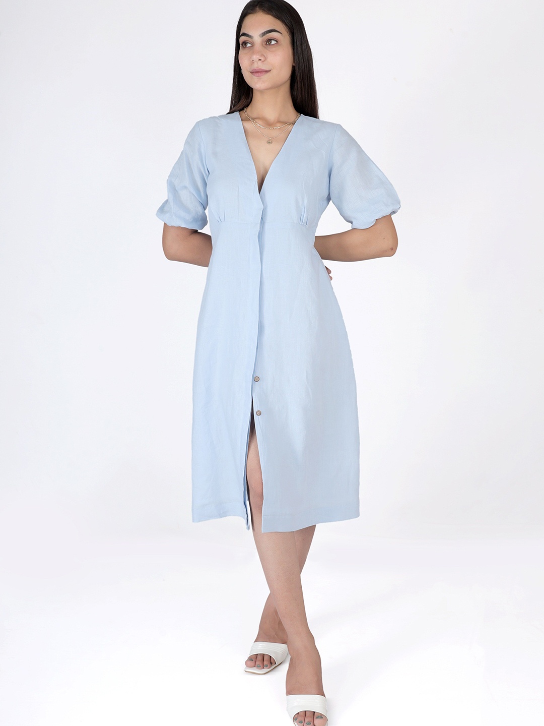 

House of Harakh Women V-Neck A-Line Midi Dress, Blue