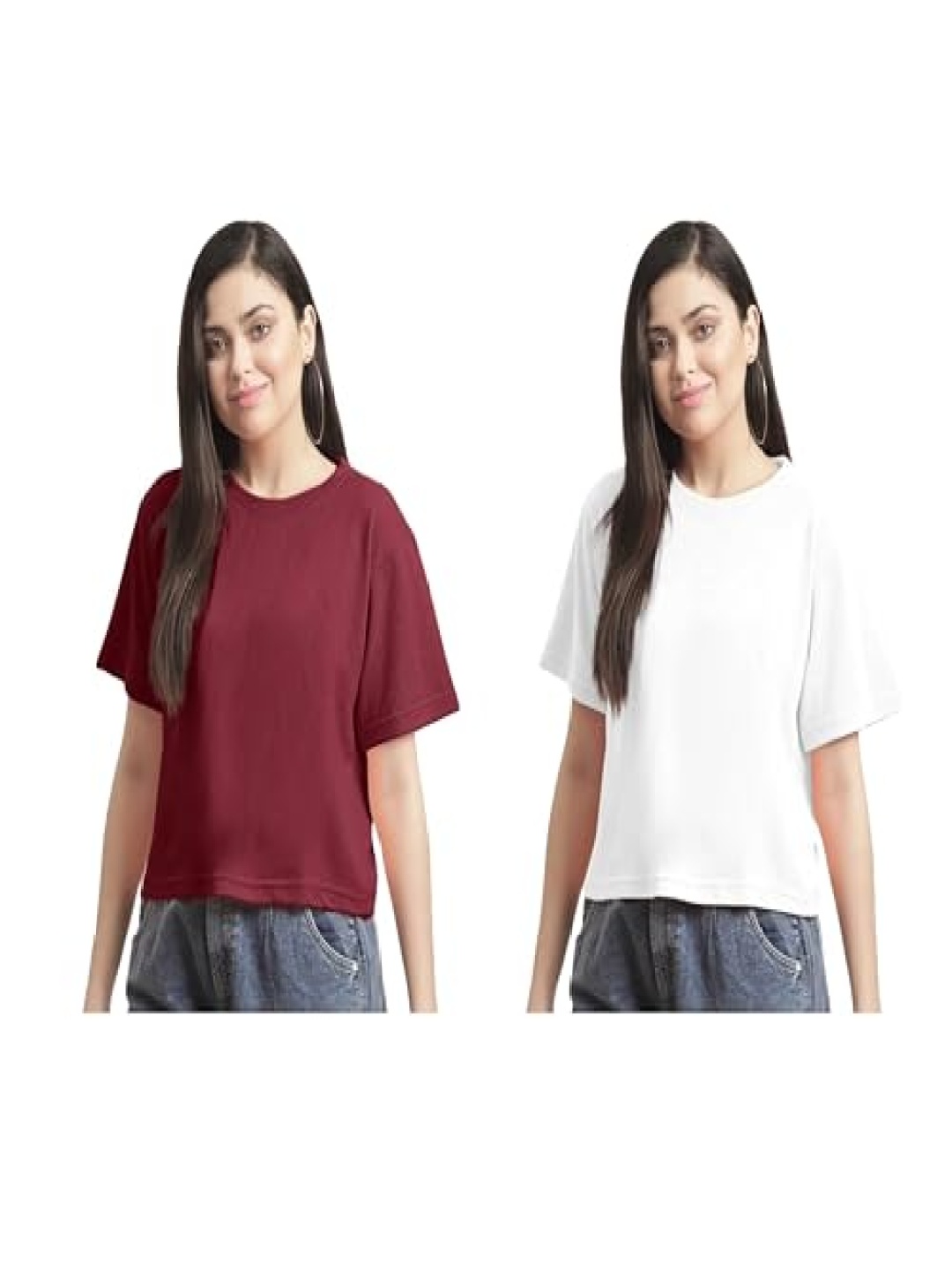 

NOTWILD Women Pack Of 2 Solid Round Neck Cotton T-shirts, Maroon