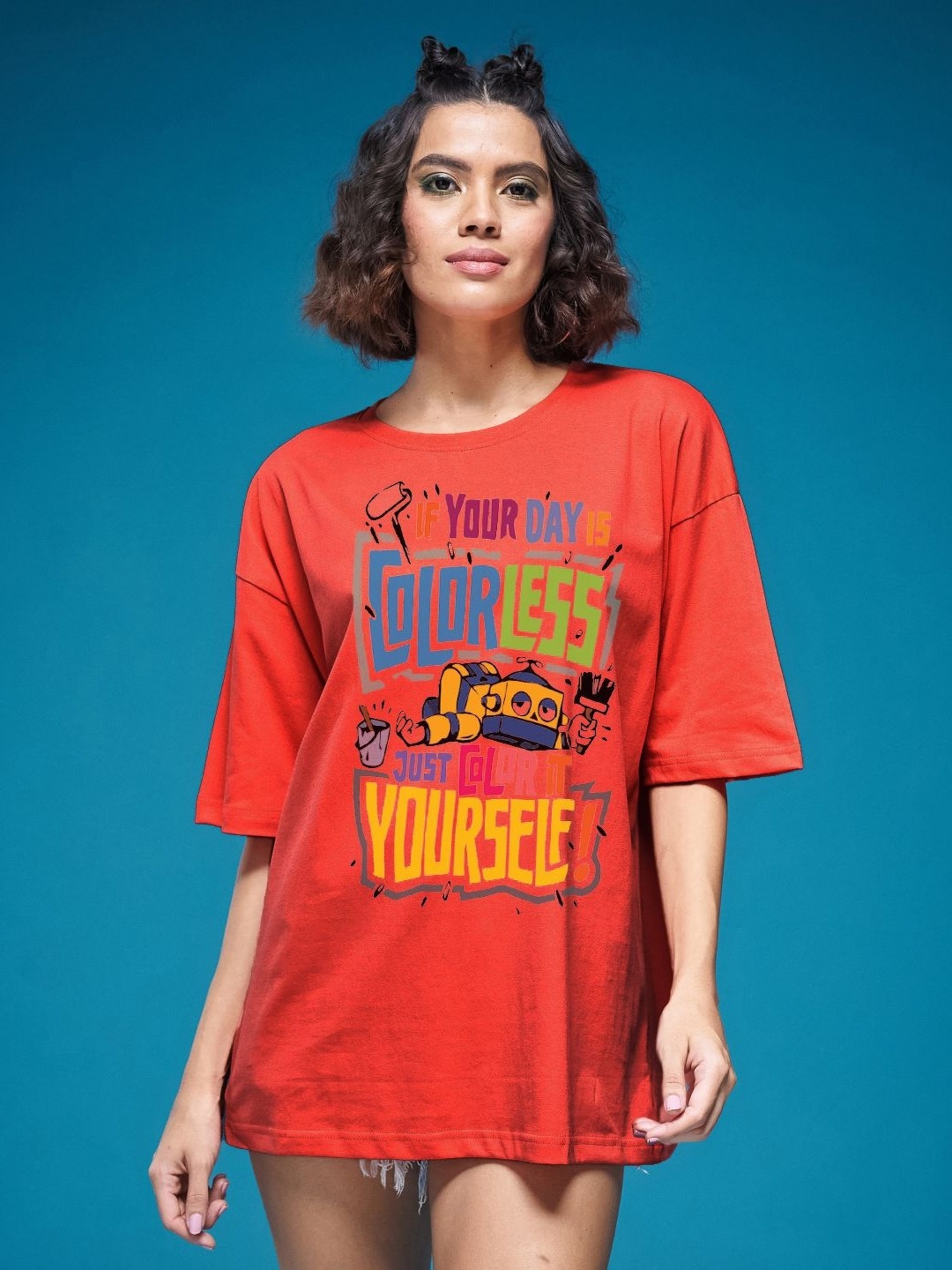 

SMARTEES Women Typography Printed Round Neck Cotton Oversized T-shirt, Red