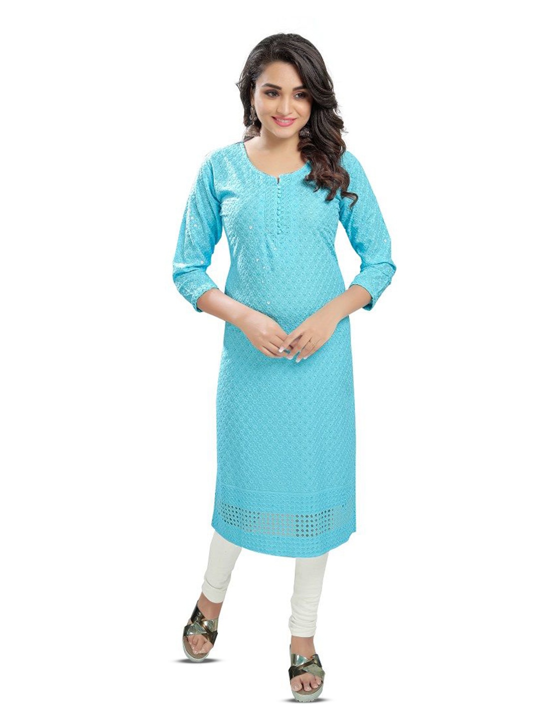 

DREAM & DZIRE Floral Embroidered Chikankari Notch Neck Pure Cotton Straight Kurta, Blue