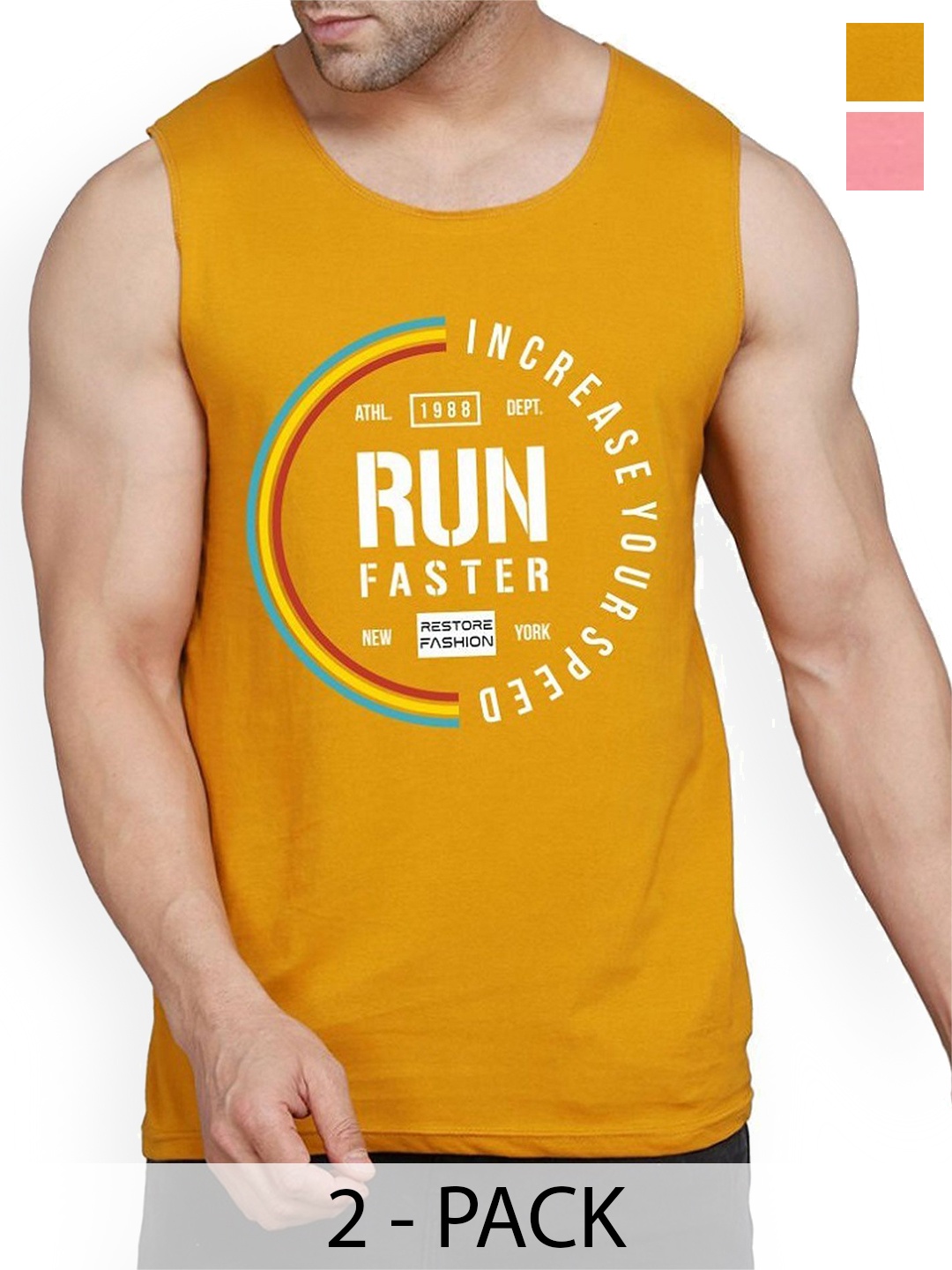 

WOOSTRO Pack Of 2 Printed Cotton Gym Vests RS26 CMB (HARD PEACH) (RUN MUSTARD)