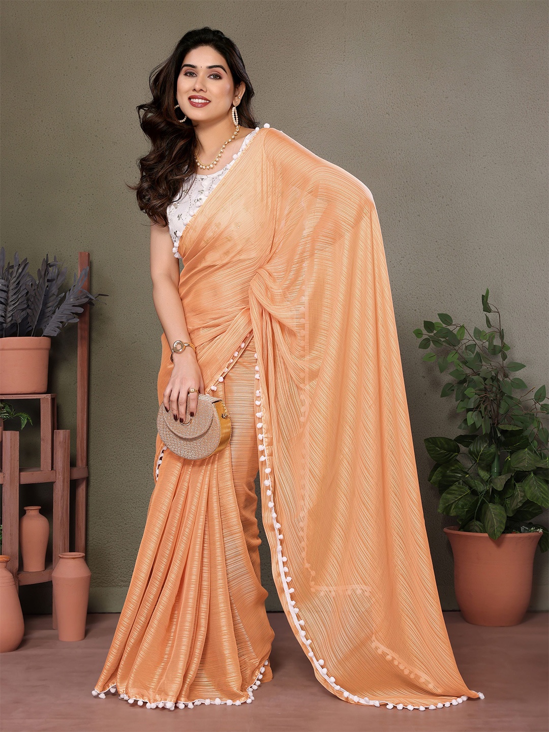 

Munir Striped Silk Blend Saree, Peach