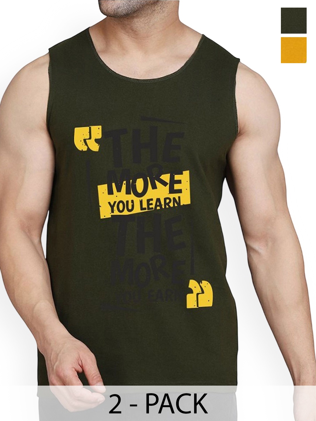 

WOOSTRO Men Pack Of 2 Printed Cotton Innerwear Gym Vests, Mustard