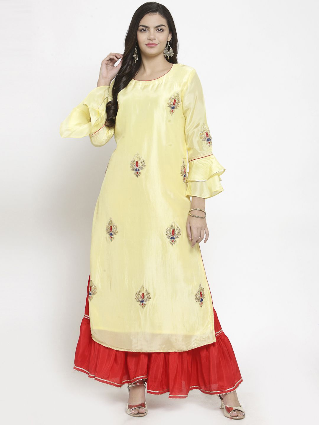 

Geroo Luxe Ethnic Motifs Embroidered Round Neck Straight Kurta with Sharara, Yellow