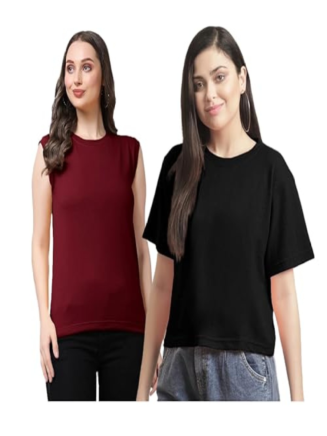 

NOTWILD Women Pack Of 2 Solid Round Neck Cotton T-shirts, Maroon
