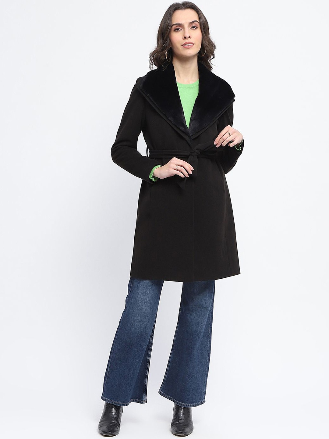 

Madame Women Regular Fit Notched Lapel Single-Breasted Longline Overcoat, Black