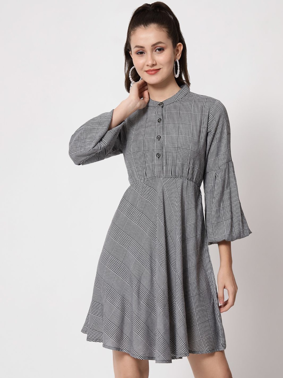 

ANGOORI FASHION Checked Puff Sleeve A-Line Dress, Black