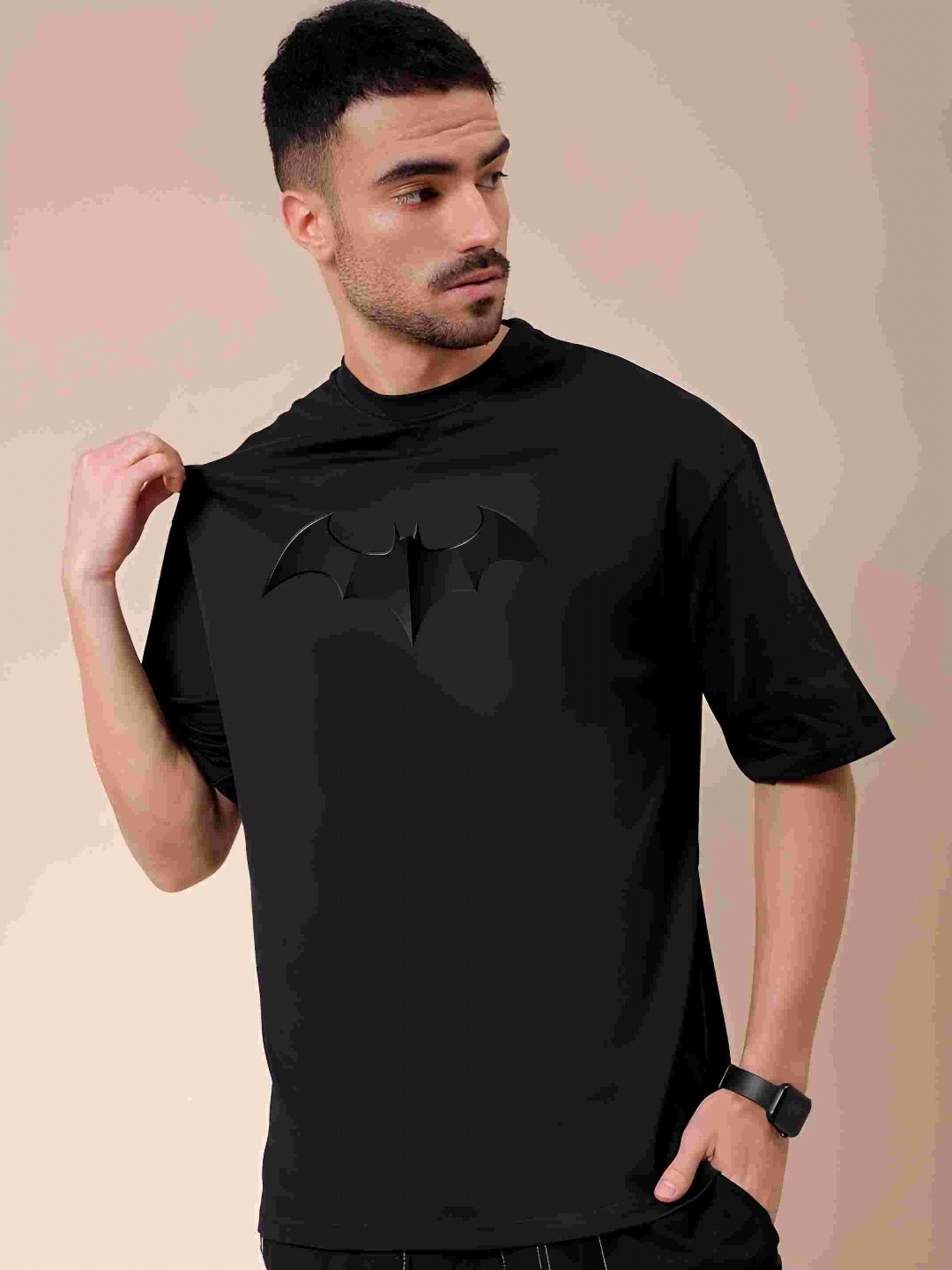 

Krimmple Men Graphic Printed Round Neck Cotton Oversized T-shirt, Black