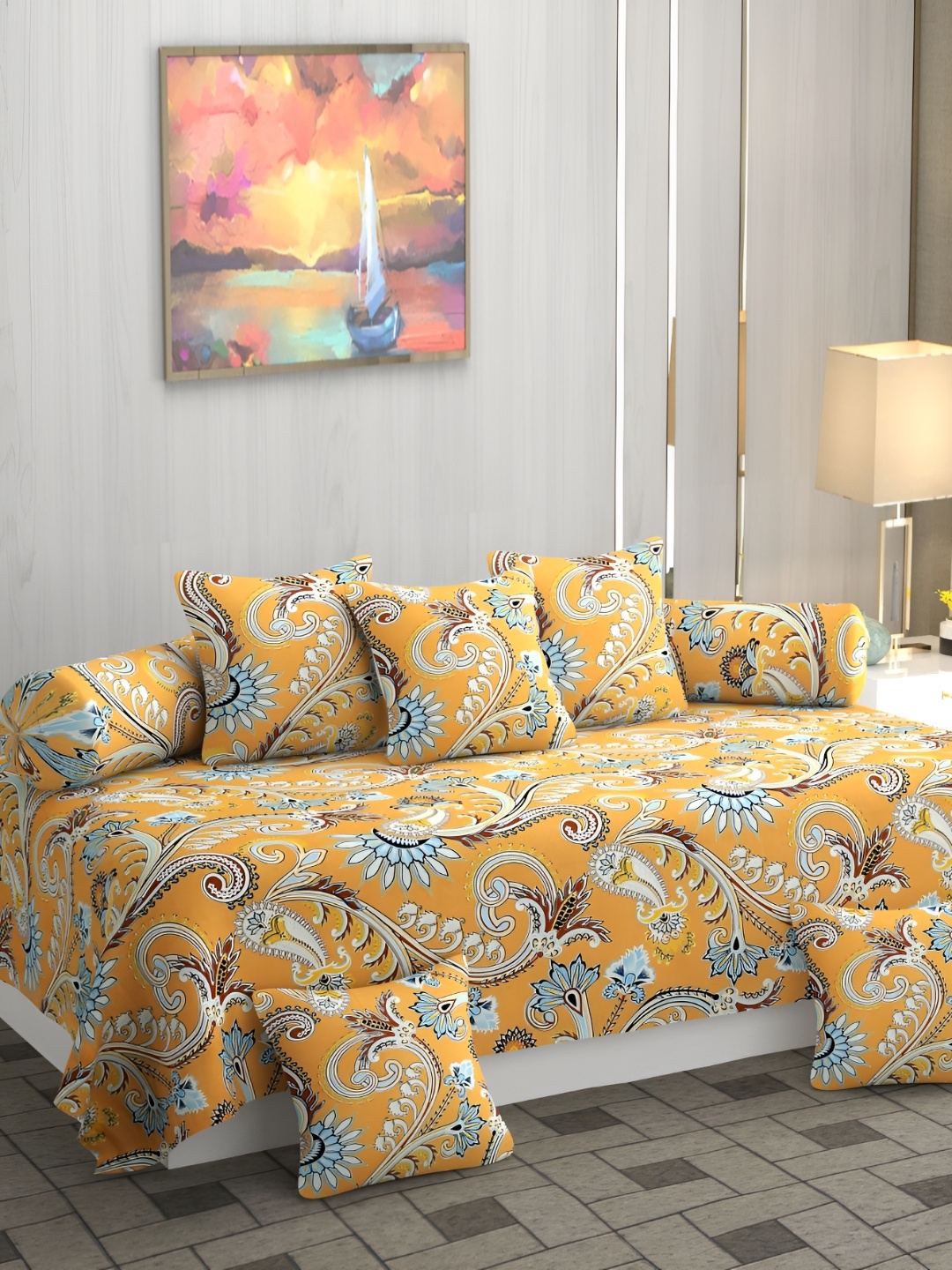 

Jizzby 8-Pcs Yellow & Blue Printed240TC DiwanSet
