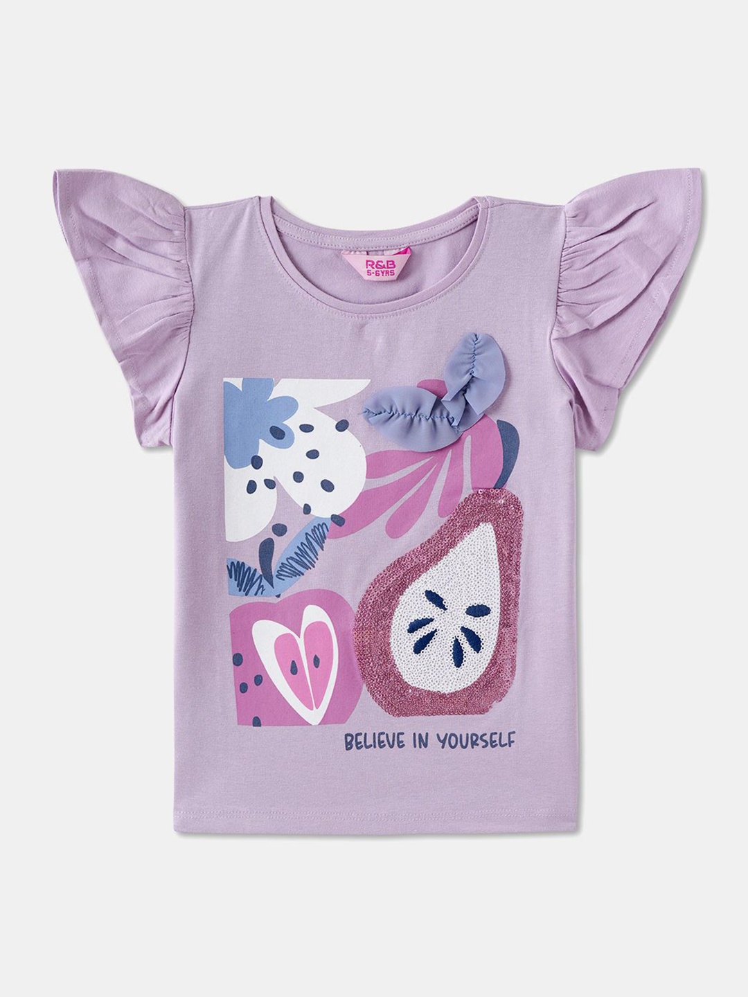 

R&B Print Flutter Sleeve Cotton Top, Purple