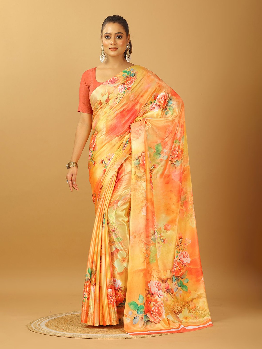 

A.V.M. SILK MILLS Floral Printed Pure Crepe Saree, Orange