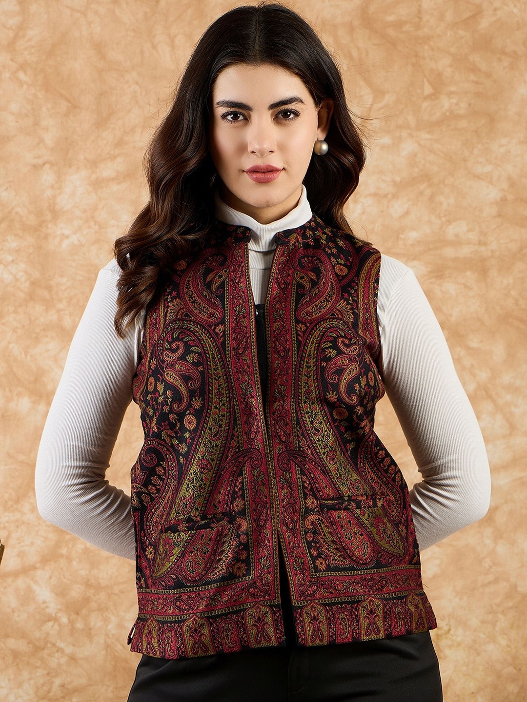 

SAHASIKA Women Mandarin Collar Floral Printed Casual Tailored Jacket, Maroon