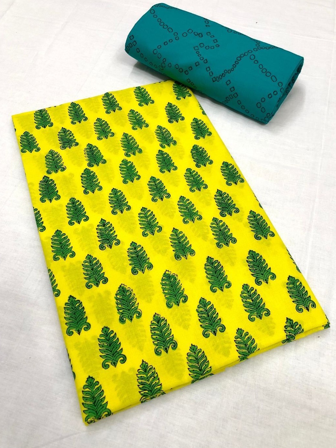 

PALASH Floral Block Printed Pure Cotton Unstitched Dress Material, Yellow