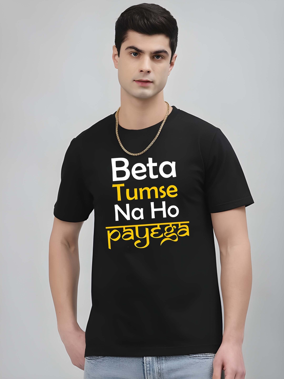 

Krimmple Men Typography Printed Round Neck Pure Cotton T-shirt, Black
