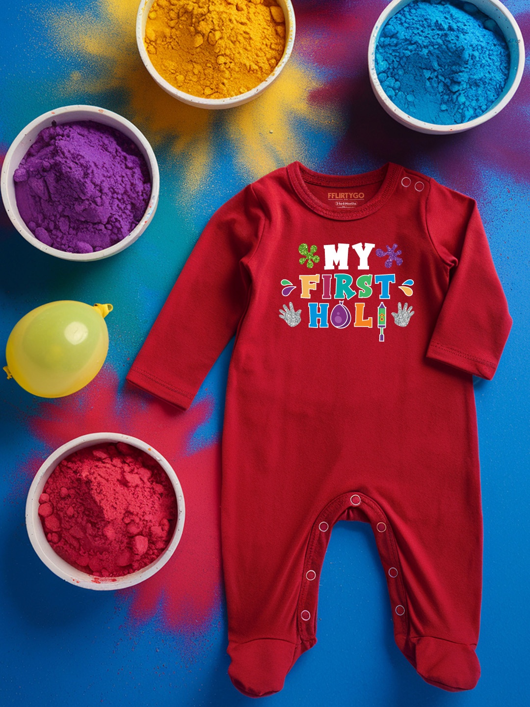 

FFLIRTYGO Infants Holi Printed Pure Cotton Sleepsuit, Red