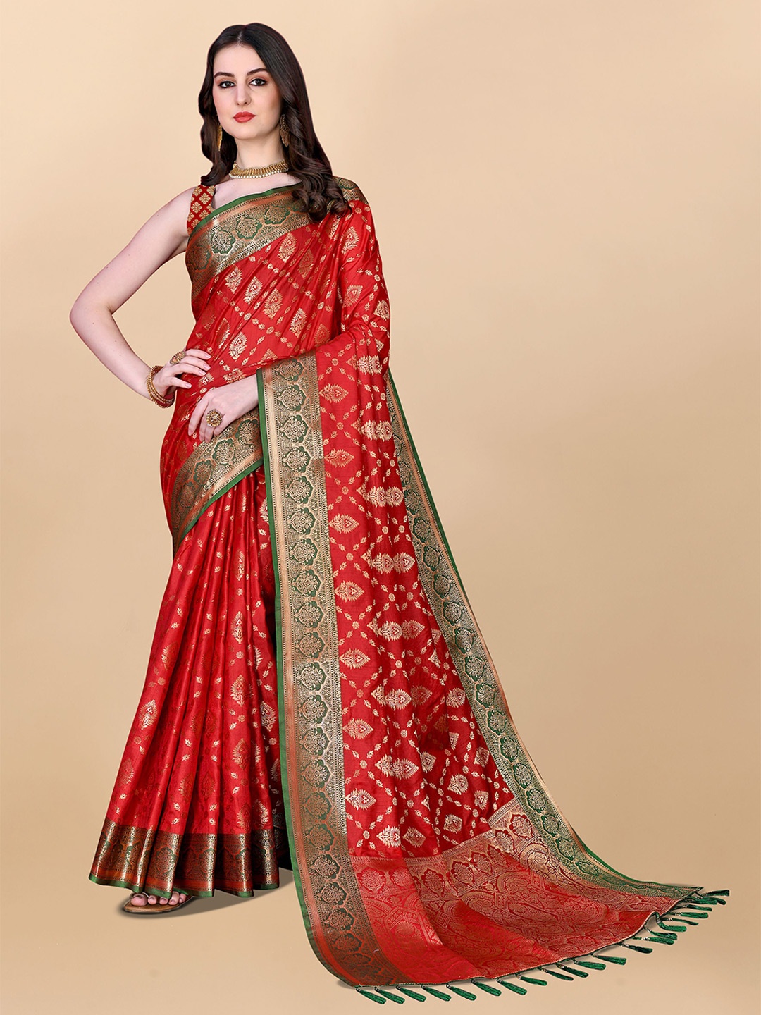 

bansari textiles Woven Design Zari Banarasi Saree, Red