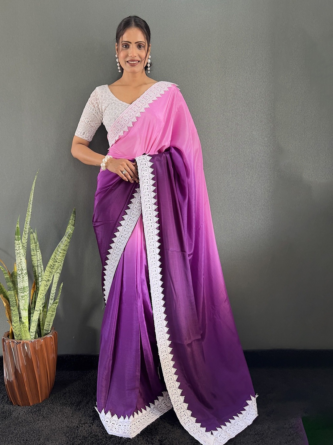 

A TO Z CART Ombre Dyed Pure Chiffon Saree, Pink