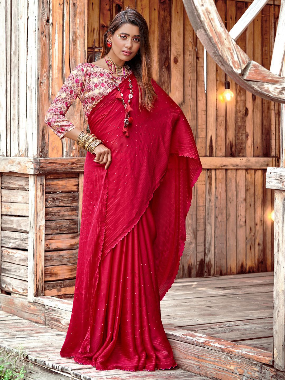 

Panzora Women Embellished Beads and Stones Saree, Red