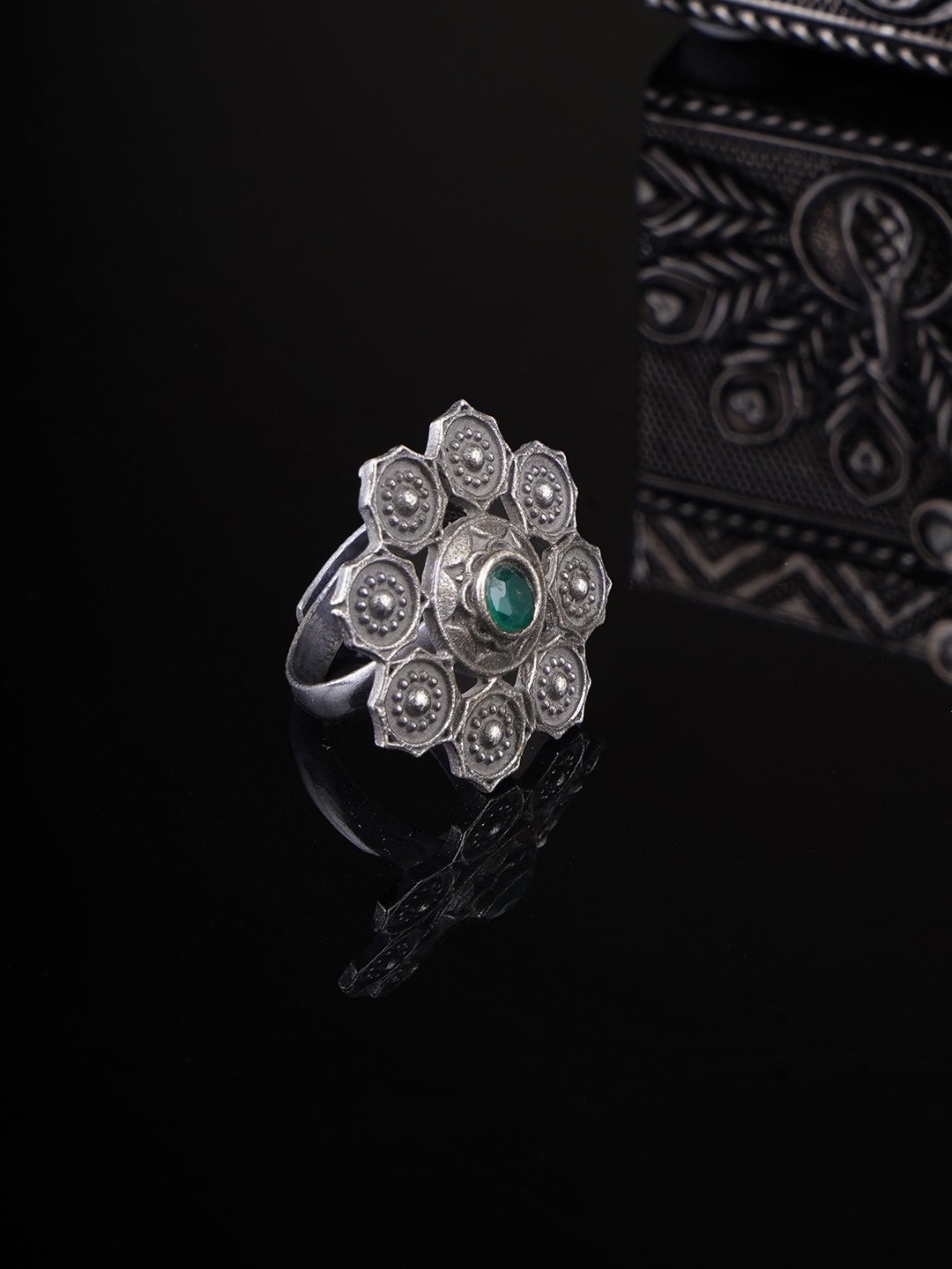 

Sangria Silver Toned Artificial Stones Studded Oxidised Adjustable Finger Ring