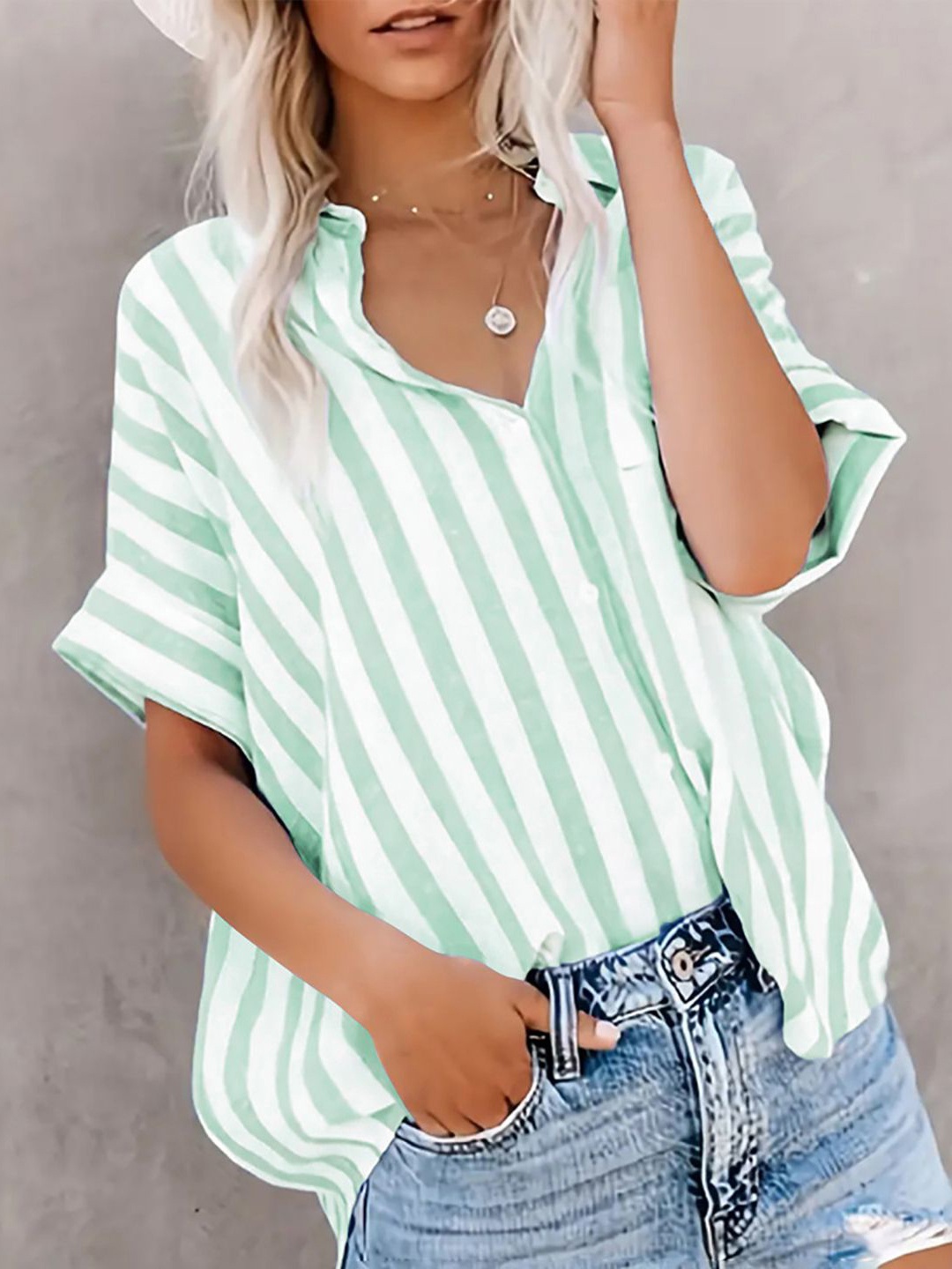 

StyleCast x Revolte Women Spread Collar Vertical Striped Casual Shirt, White