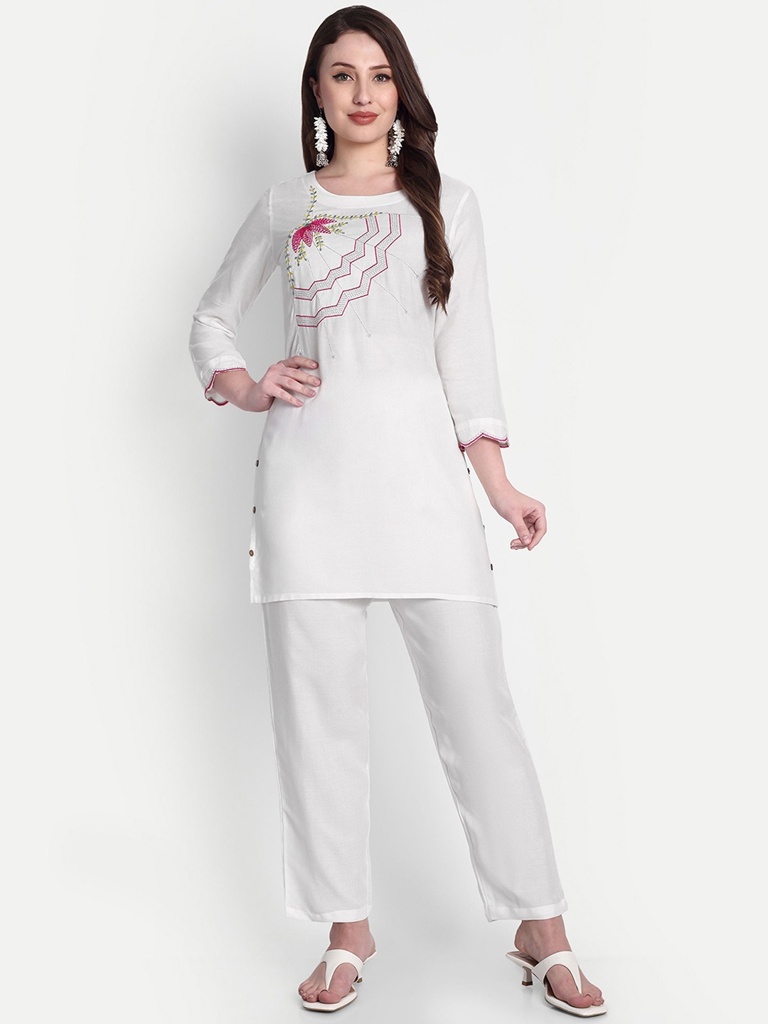 

Hujum Floral Embroidered Round Neck Thread Work Tunic With Trousers, White