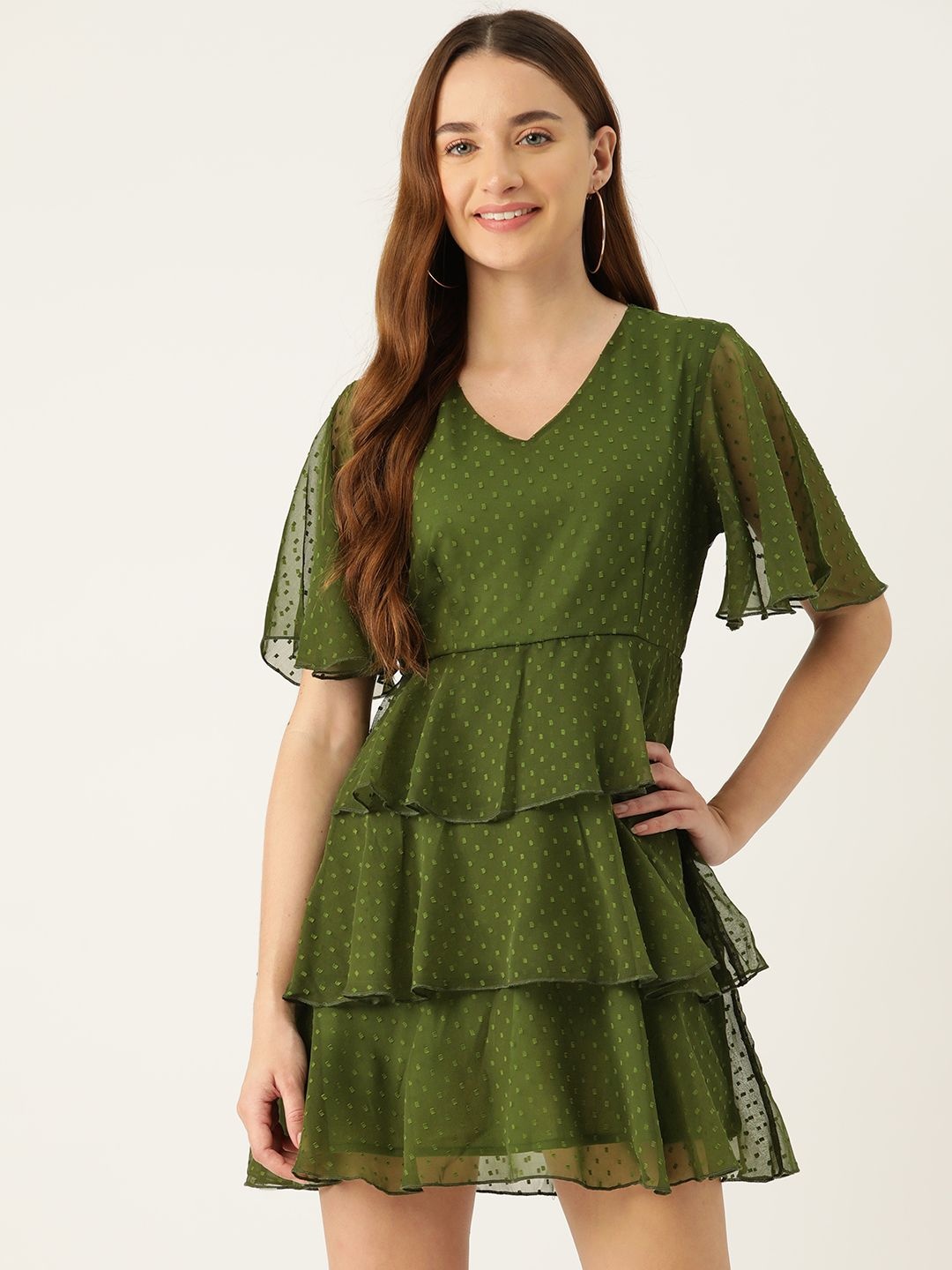 

Moda Rapido Flared Sleeve Layered Georgette A-Line Dress, Olive