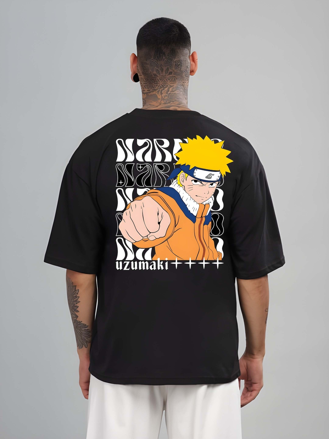 

Krimmple Men Naruto Graphic Printed Round Neck Cotton Oversized T-shirt, Black