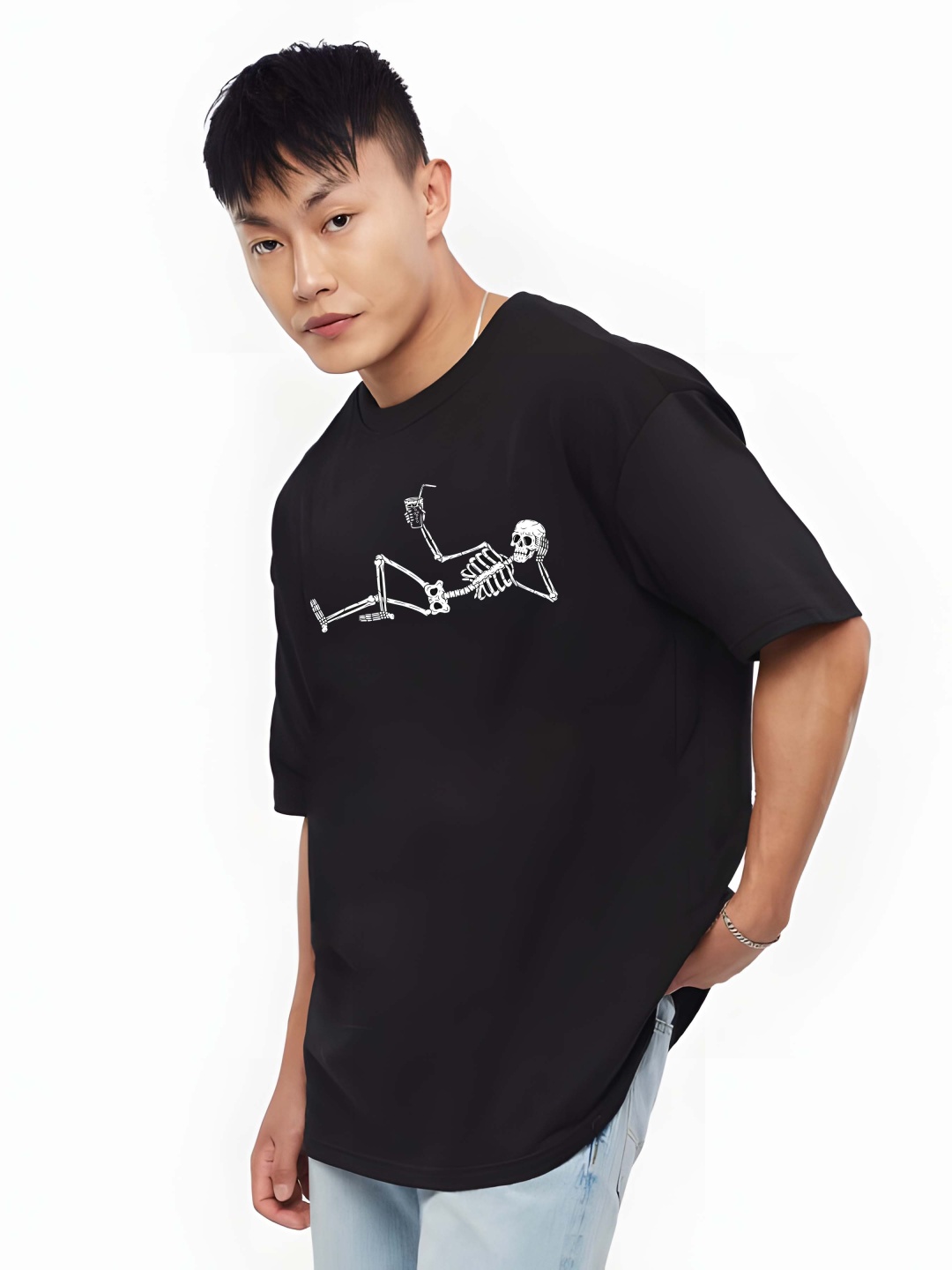 

BOWLIFESTYLE Men Drop-Shoulder Sleeves Pure Cotton T-shirt, Black